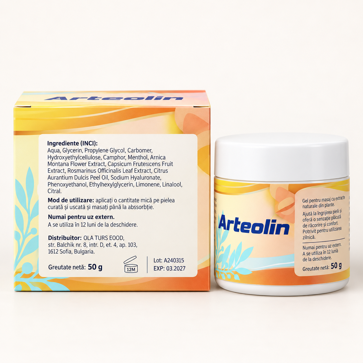 Spatele cutiei Arteolin cu lista ingredientelor în limba română și câteva plicuri alături